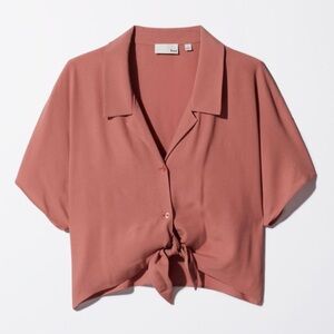 Aritzia Wilfred Free Pink Rose Mauve Cropped Button Blouse Tie XXS